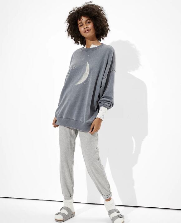 American Eagle Outfitters Tops - American Eagle Gray Moon Stars Graphic Print Oversized Crew Neck Sweatshirt Sz M